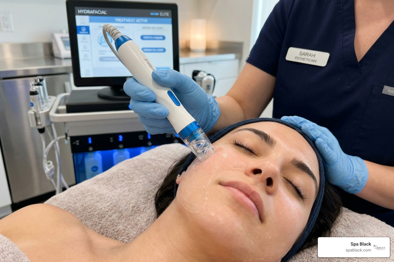 HydraFacial Technology; Creator: MedSpa Pro; Description: Close-up of a HydraFacial wand performing deep exfoliation; License: Royalty-Free