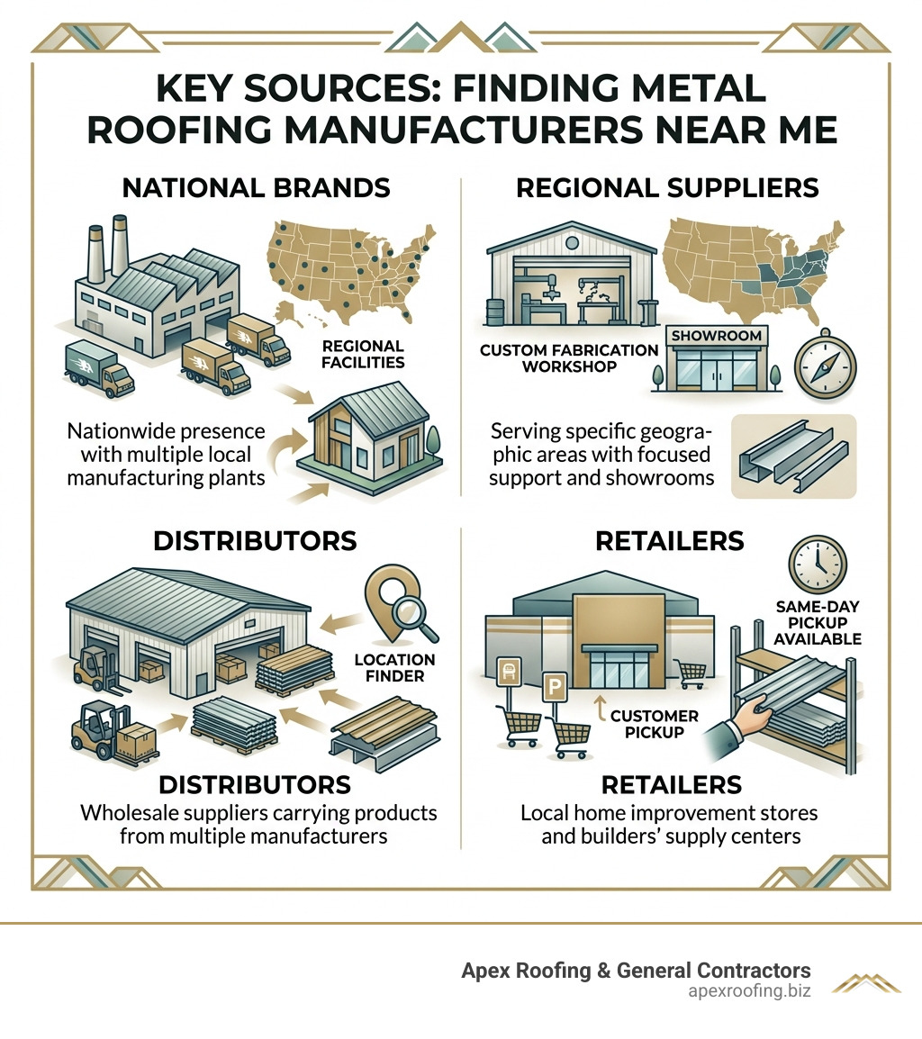 Key sources for finding metal roofing manufacturers near me including national brands, regional suppliers, distributors, and