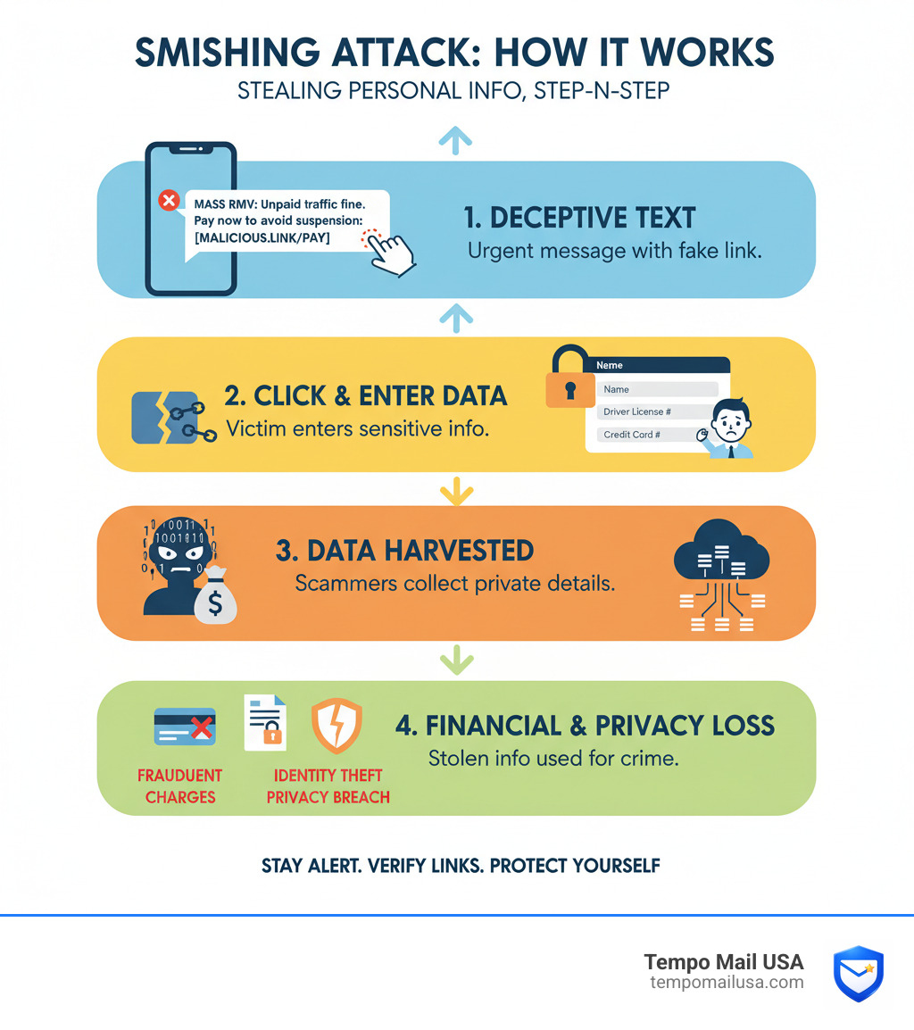 Infographic showing how smishing links steal personal information from victims step by step - mass rmv scam text infographic 
