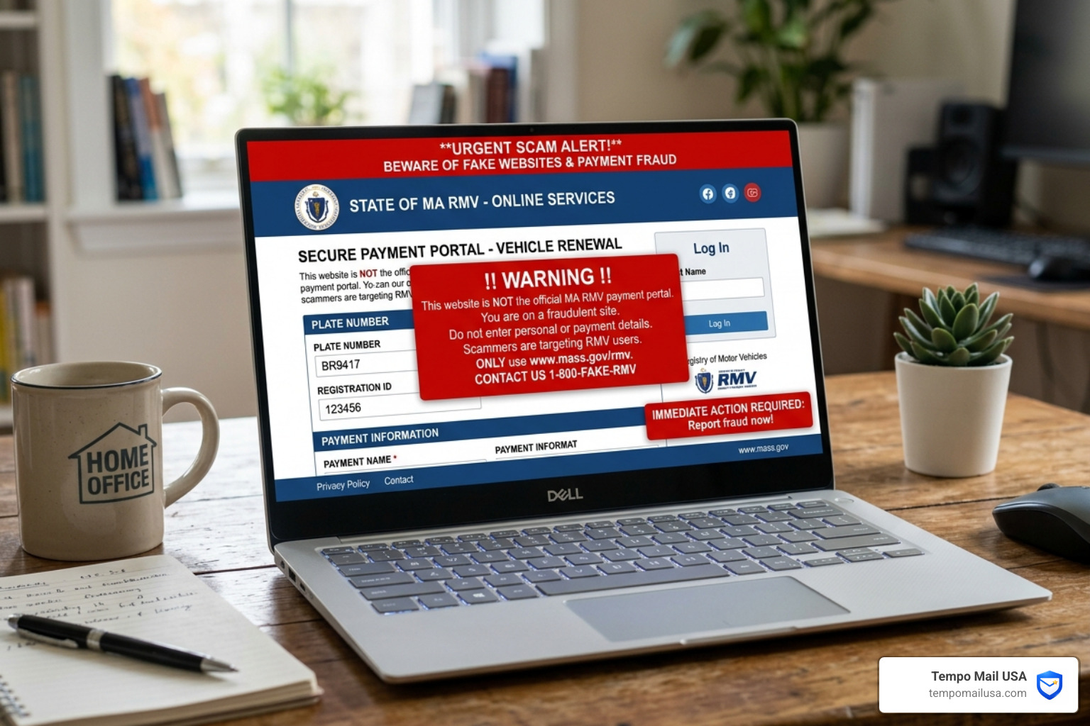 fake government website on a laptop screen with a scam warning overlay - mass rmv scam text