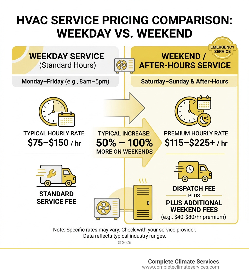 Infographic comparing standard weekday vs weekend HVAC labor rates and fees - do hvac companies charge more on weekends
