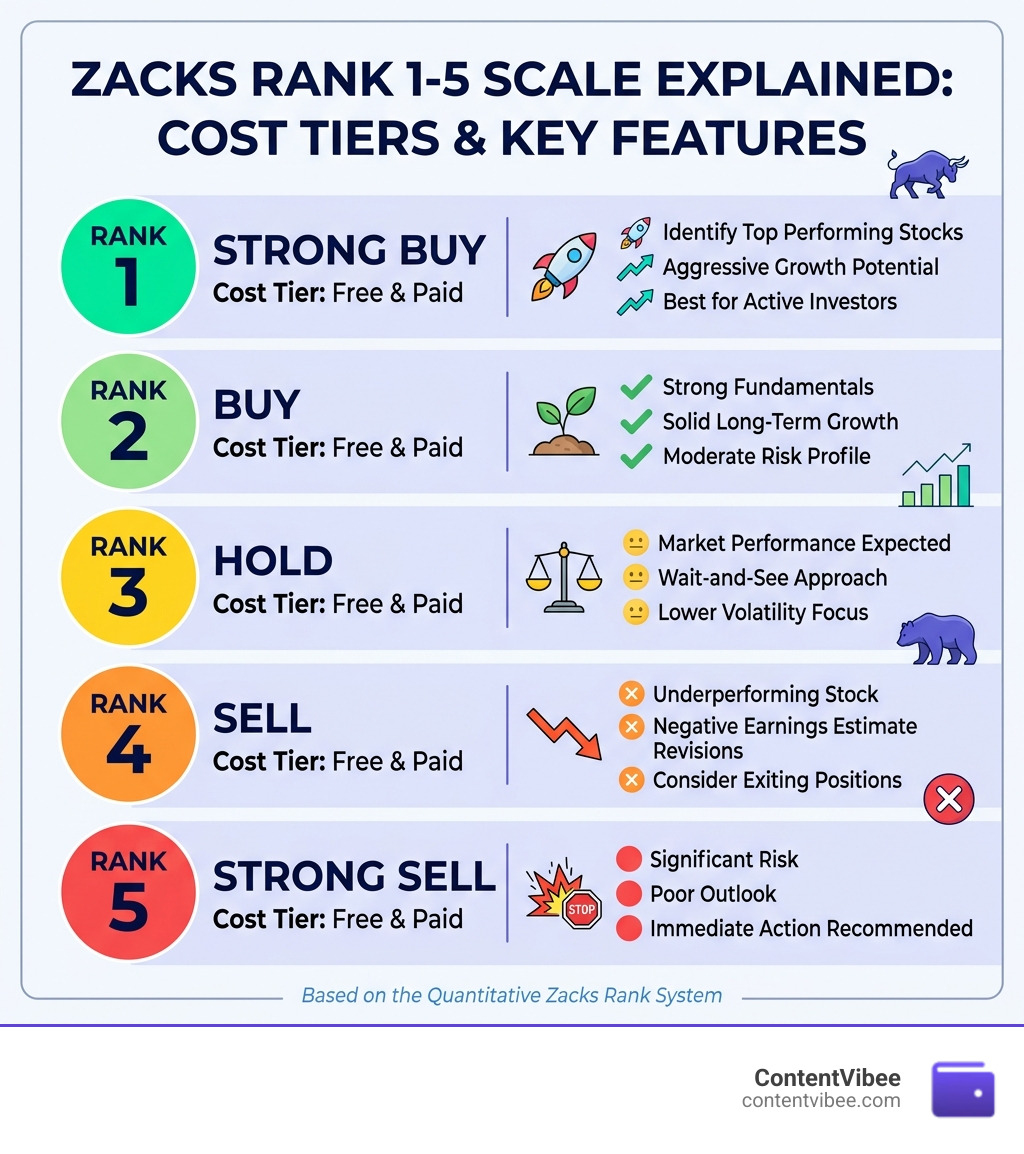 Zacks Rank 1-5 scale explained with cost tiers and key features per level - Zacks Investment Research Subscription Cost vs