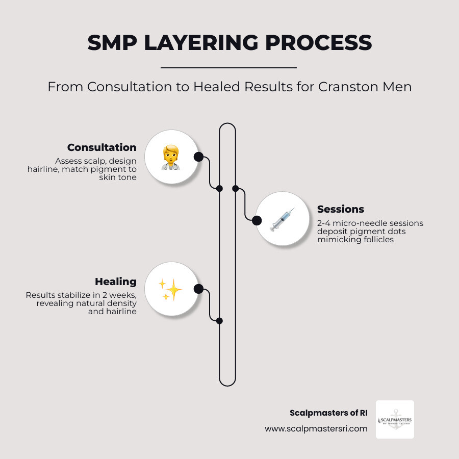 Infographic showing the SMP layering process steps from consultation to healed results for men in Cranston RI - cranston smp