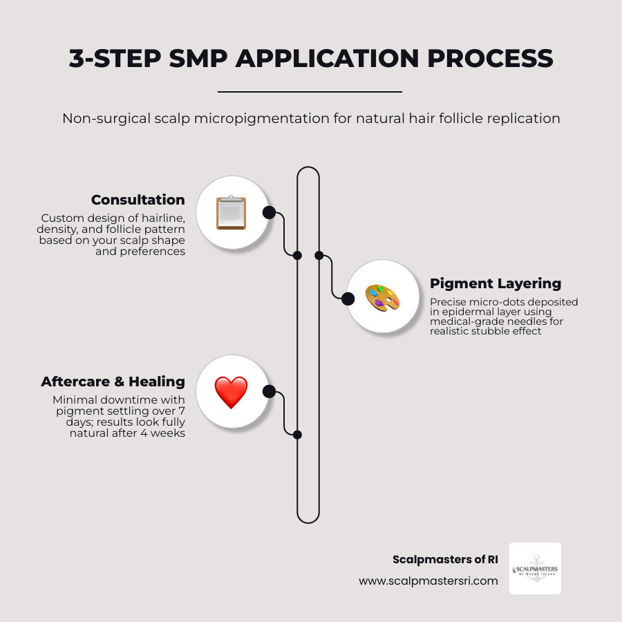 3-step SMP application process infographic: consultation, pigment layering, aftercare - massachusetts scalp tattoo experts