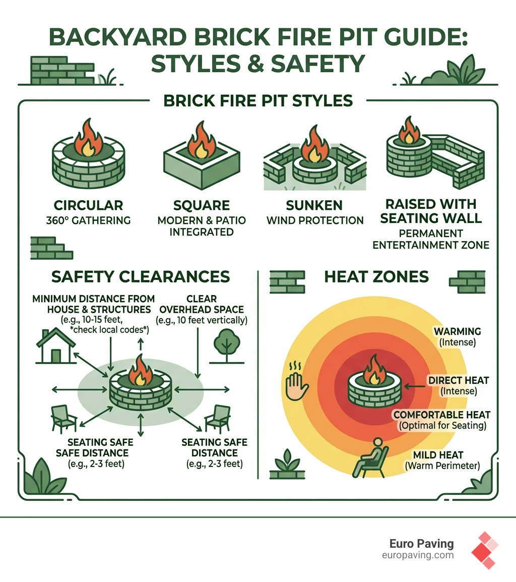 Infographic showing brick fire pit styles, safety clearances, and heat zones for backyard installations - fire pit brick