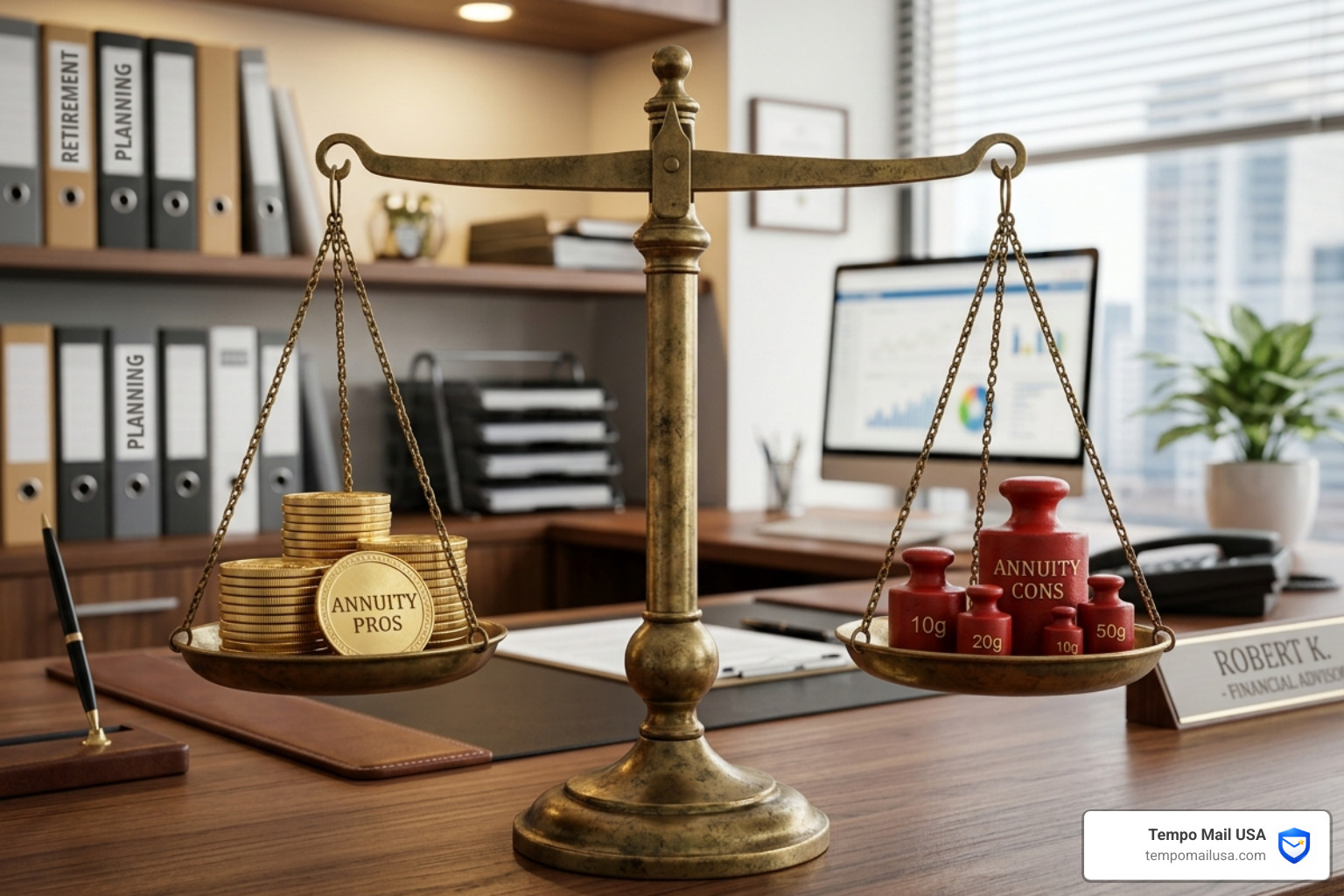 A balanced scale representing the weight of annuity pros versus cons - Annuity Investment Pros Cons and Payout Risk Analysis A balanced scale representing the weight of annuity pros versus cons - Annuity Investment Pros Cons and Payout Risk Analysis