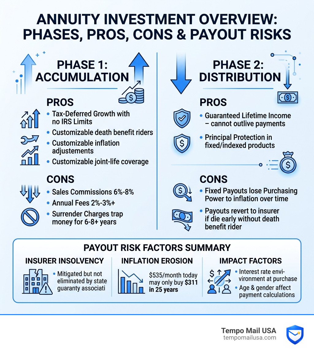 Annuity accumulation vs distribution phase infographic with pros cons and payout risk summary - Annuity Investment Pros Cons Annuity accumulation vs distribution phase infographic with pros cons and payout risk summary - Annuity Investment Pros Cons