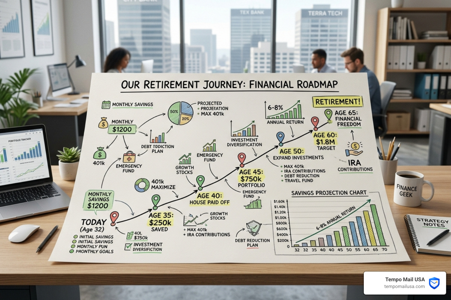 A detailed financial roadmap showing retirement goals and savings milestones - Monarch Investment Management Fees and