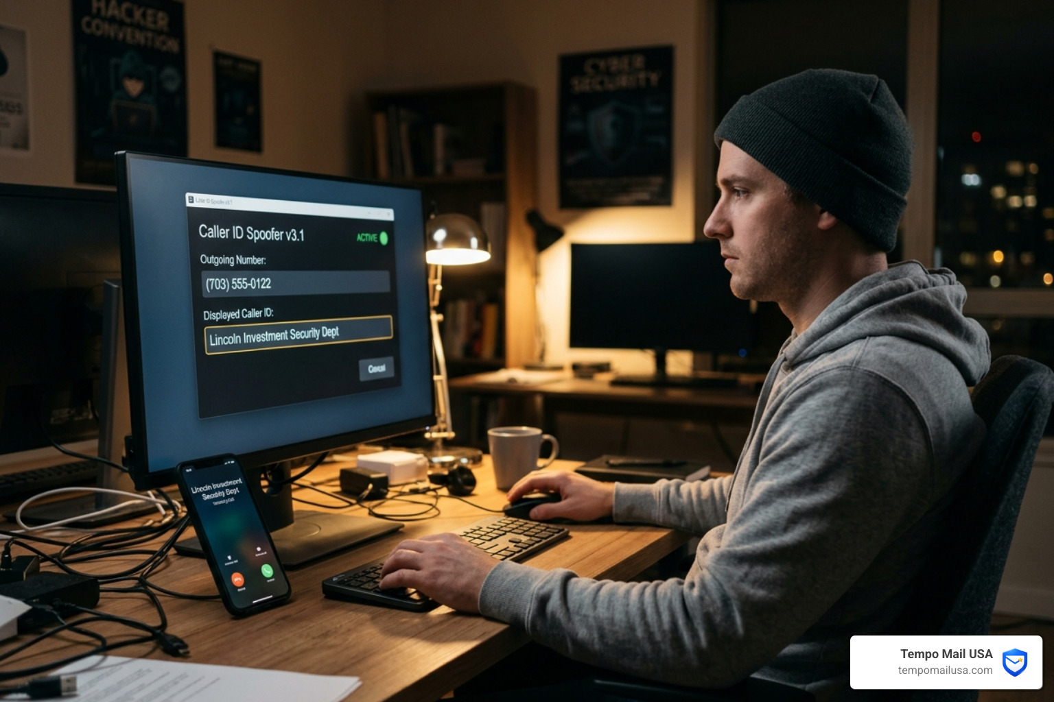 A cybercriminal using a computer to spoof a caller ID to appear as a legitimate financial institution - Lincoln Investment