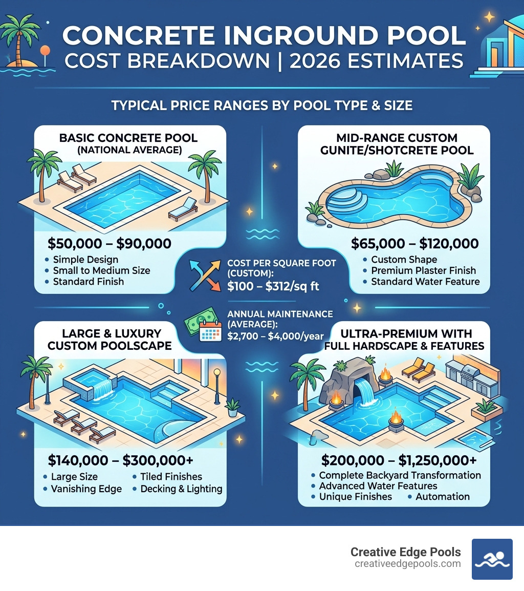 Concrete inground pool cost breakdown infographic with price ranges by size and type - Concrete inground pool cost