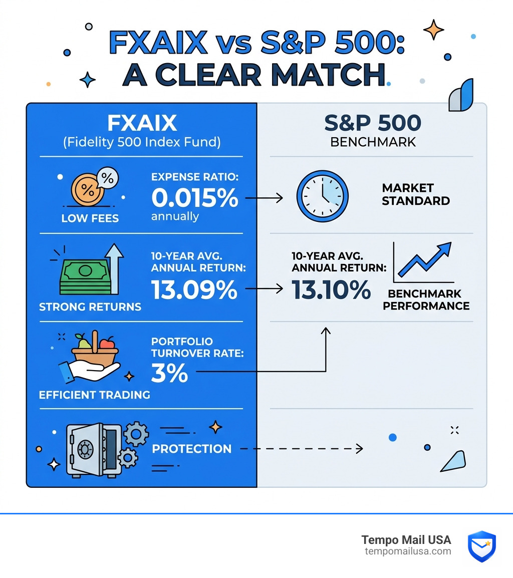 Infographic showing FXAIX expense ratio 0.015%, 10-year return 13.09%, turnover 3%, vs S&P 500 benchmark - FXAIX Expense Infographic showing FXAIX expense ratio 0.015%, 10-year return 13.09%, turnover 3%, vs S&P 500 benchmark - FXAIX Expense