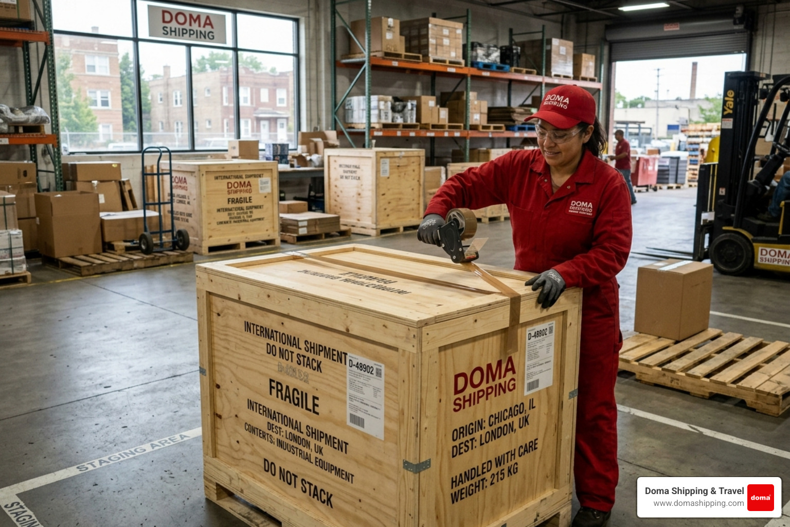 Doma Shipping worker in red uniform preparing a large wooden crate for international shipment from a Chicago warehouse Doma Shipping worker in red uniform preparing a large wooden crate for international shipment from a Chicago warehouse