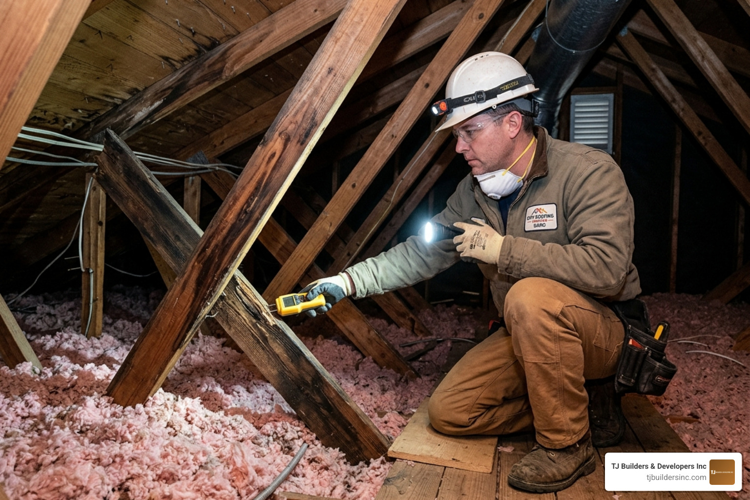 Professional performing a detailed attic inspection to check for moisture, wood rot, and proper ventilation - roof