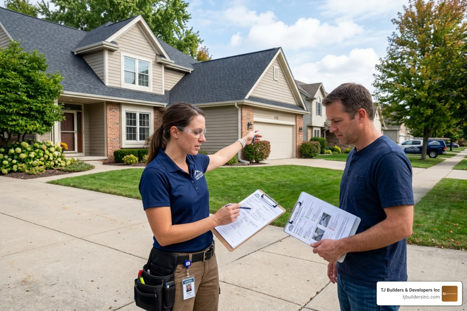 A professional roofing inspector in Lakewood providing a detailed written report and explaining findings to a homeowner