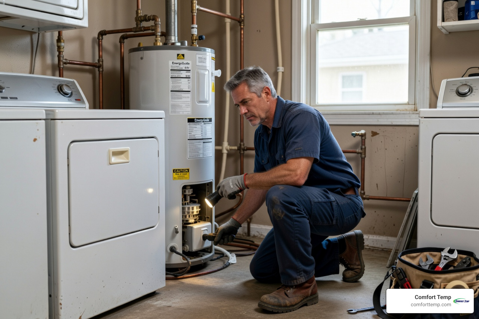 technician in a blue uniform inspecting a residential water heater - 24 hour plumber gainesville technician in a blue uniform inspecting a residential water heater - 24 hour plumber gainesville