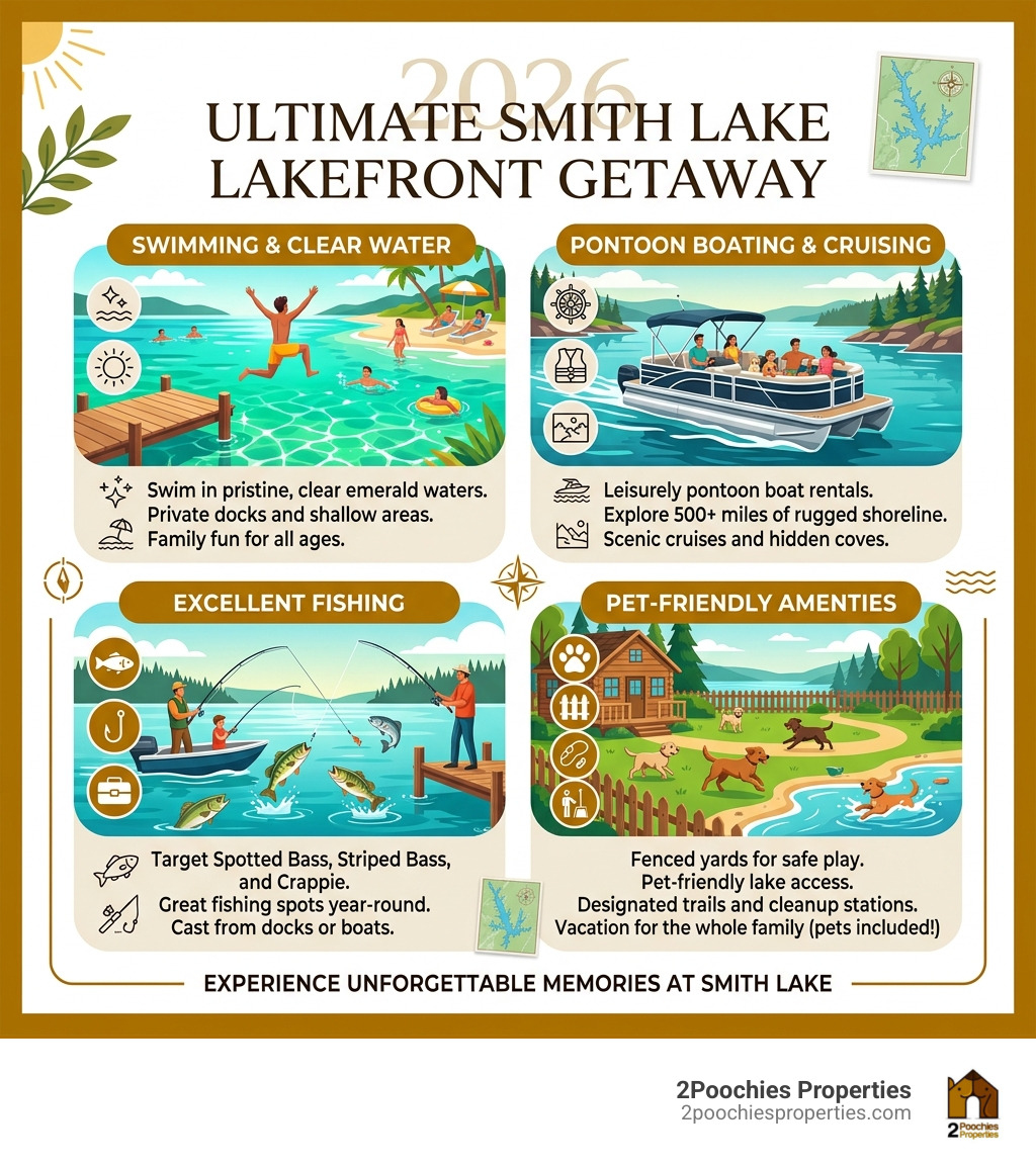 Infographic showing Smith Lake lakefront activities including swimming, pontoon boating, fishing, and pet-friendly amenities