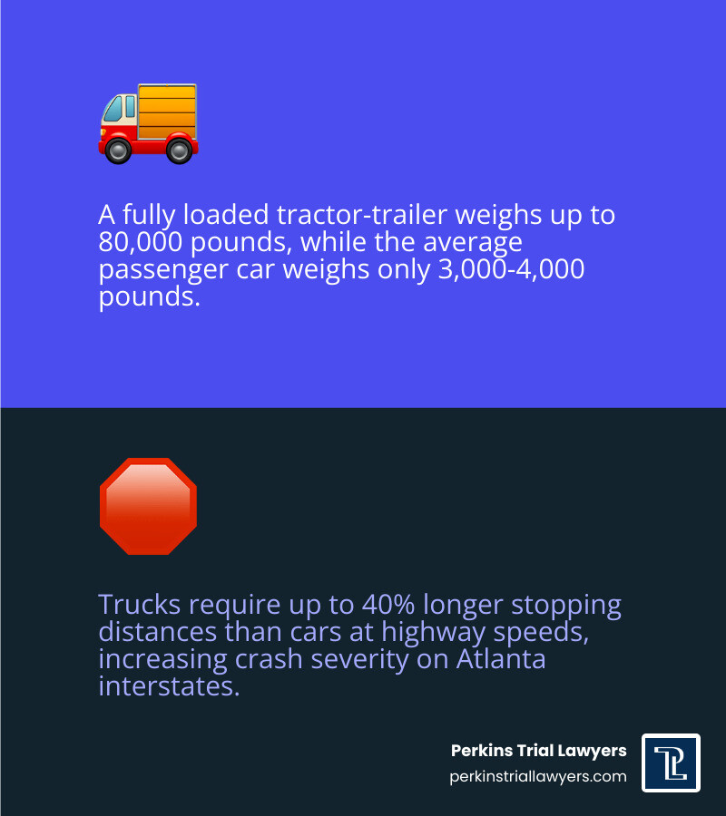 Infographic showing truck vs car size disparity, stopping distances, and key steps for Atlanta tractor trailer accident Infographic showing truck vs car size disparity, stopping distances, and key steps for Atlanta tractor trailer accident