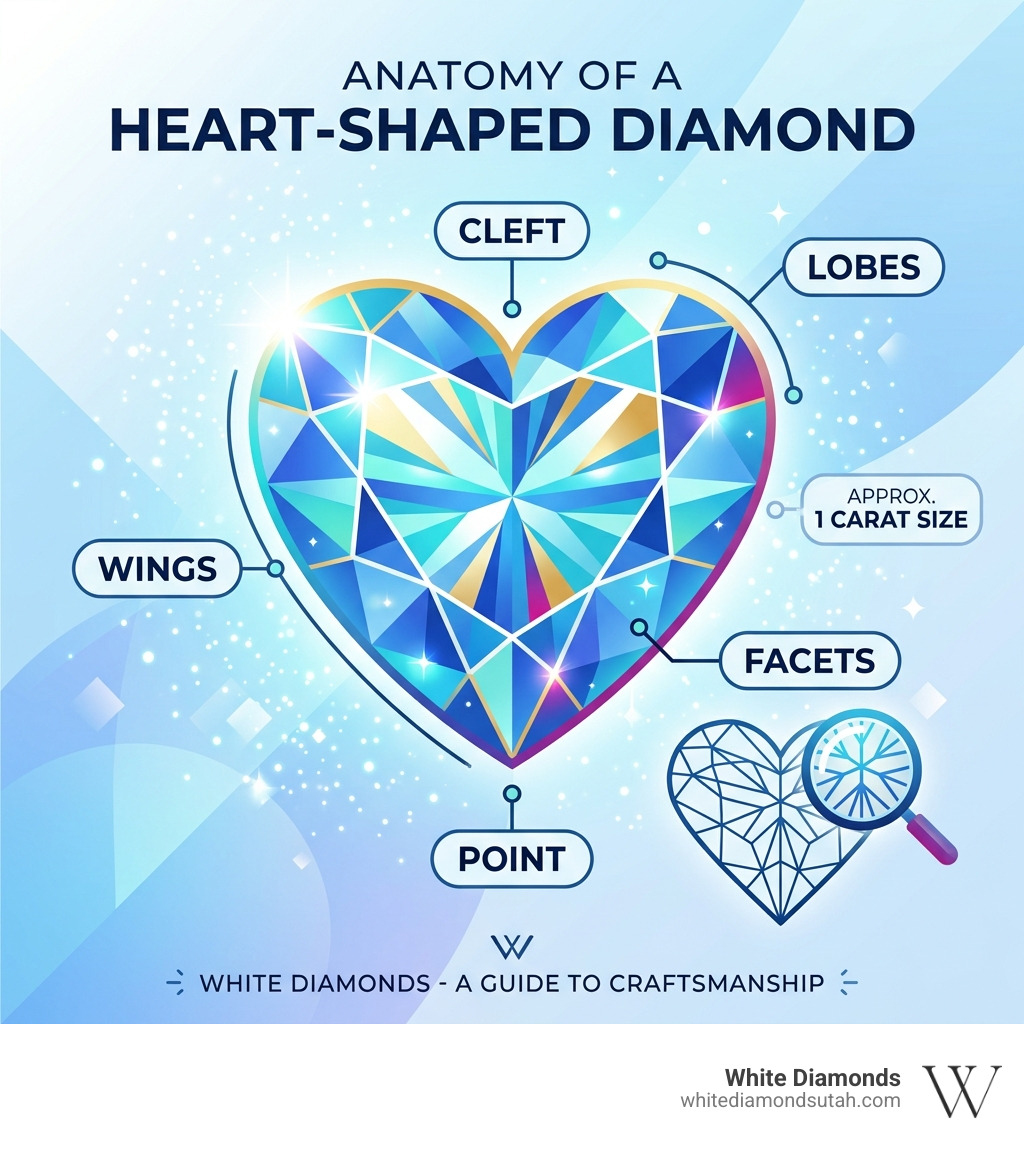 Anatomy of a heart-shaped diamond infographic showing lobes, cleft, point, wings, and facets - 1 carat heart shaped diamond