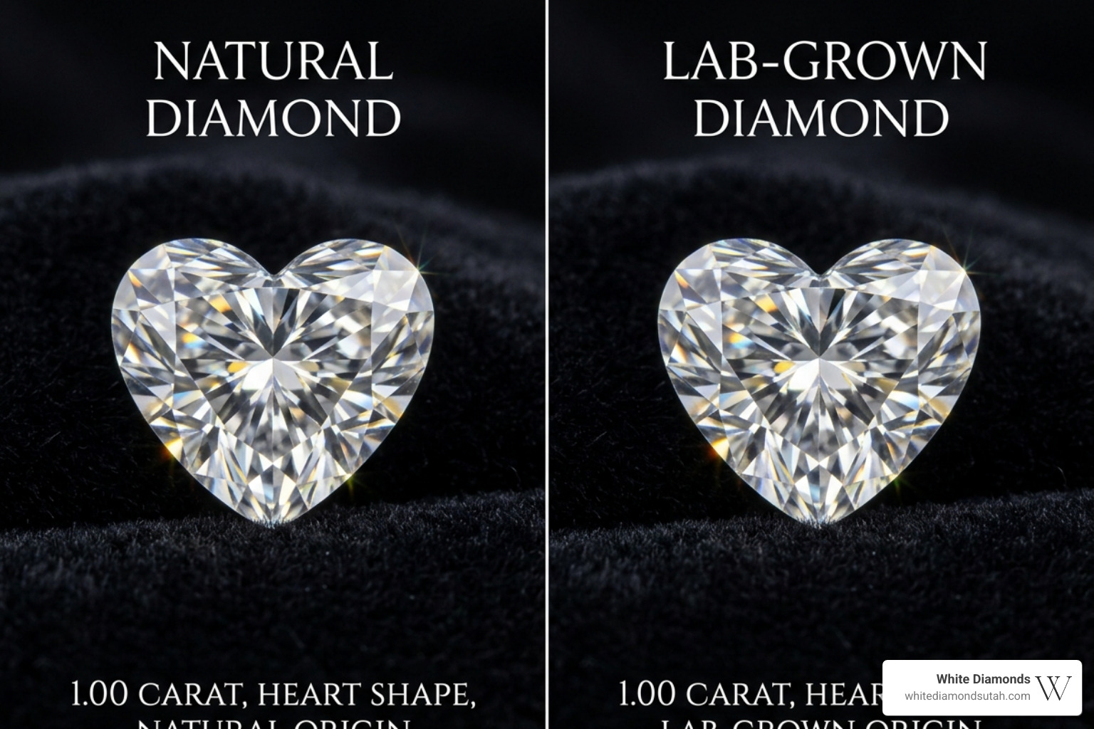 Comparing natural and lab-grown brilliance showing side-by-side sparkle - 1 carat heart shaped diamond ring