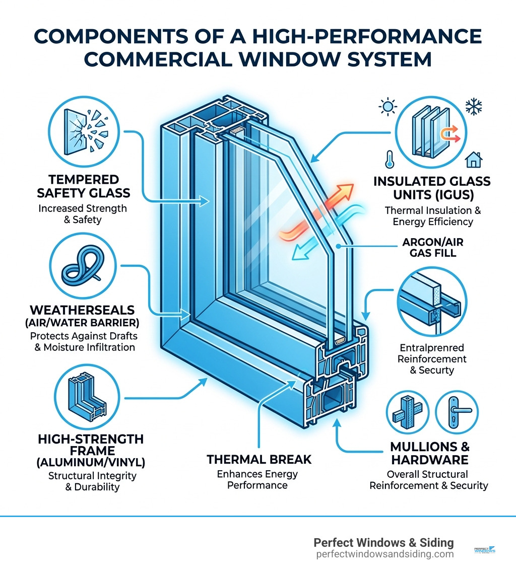 Infographic showing components of a high-performance commercial window system including tempered glass, insulated glass