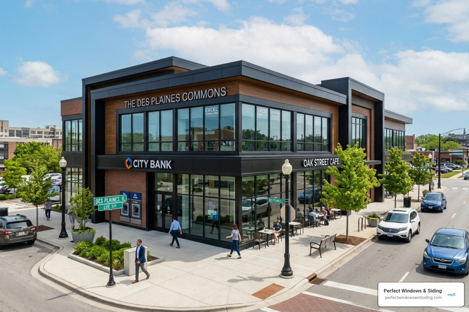A modern commercial building in Des Plaines featuring pristine storefront glass - commercial window repairs near me