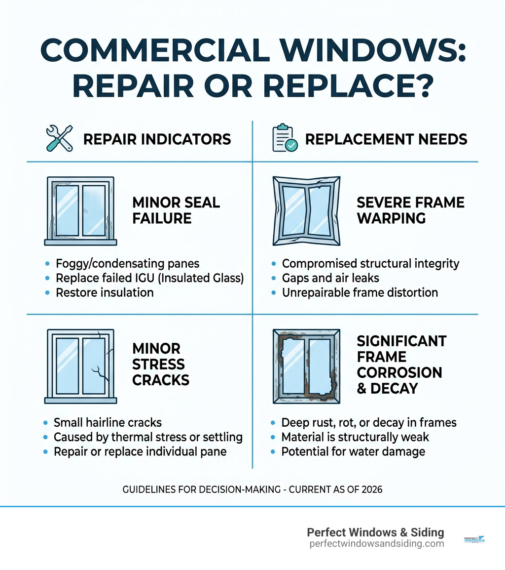 Table comparing repair indicators like minor seal failure vs replacement needs like severe frame warping - commercial window