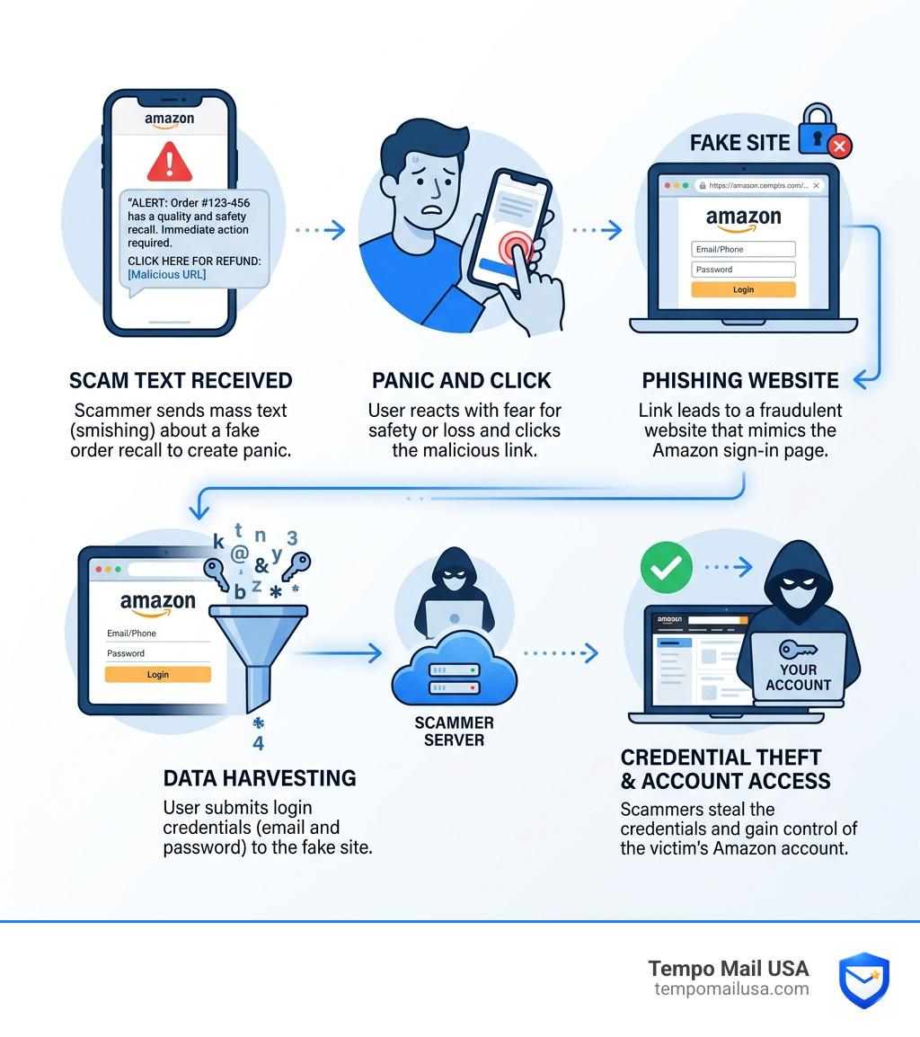 Lifecycle of a text-based Amazon impersonation scam from message to credential theft - Amazon Recall Text Scam How to Verify Lifecycle of a text-based Amazon impersonation scam from message to credential theft - Amazon Recall Text Scam How to Verify