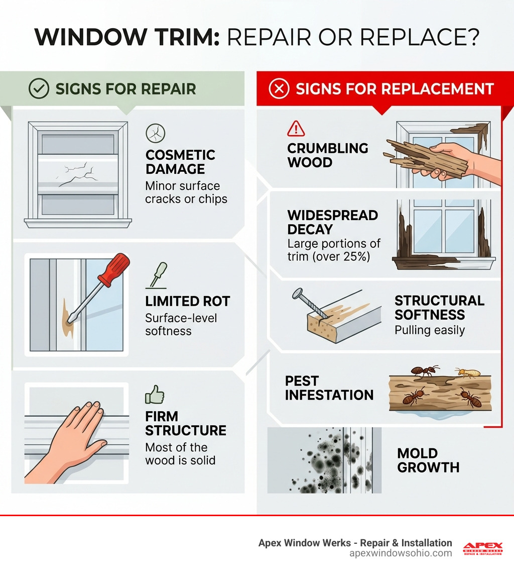 Infographic comparing the signs of window trim repair vs. full replacement needs - cost to replace rotted window trim