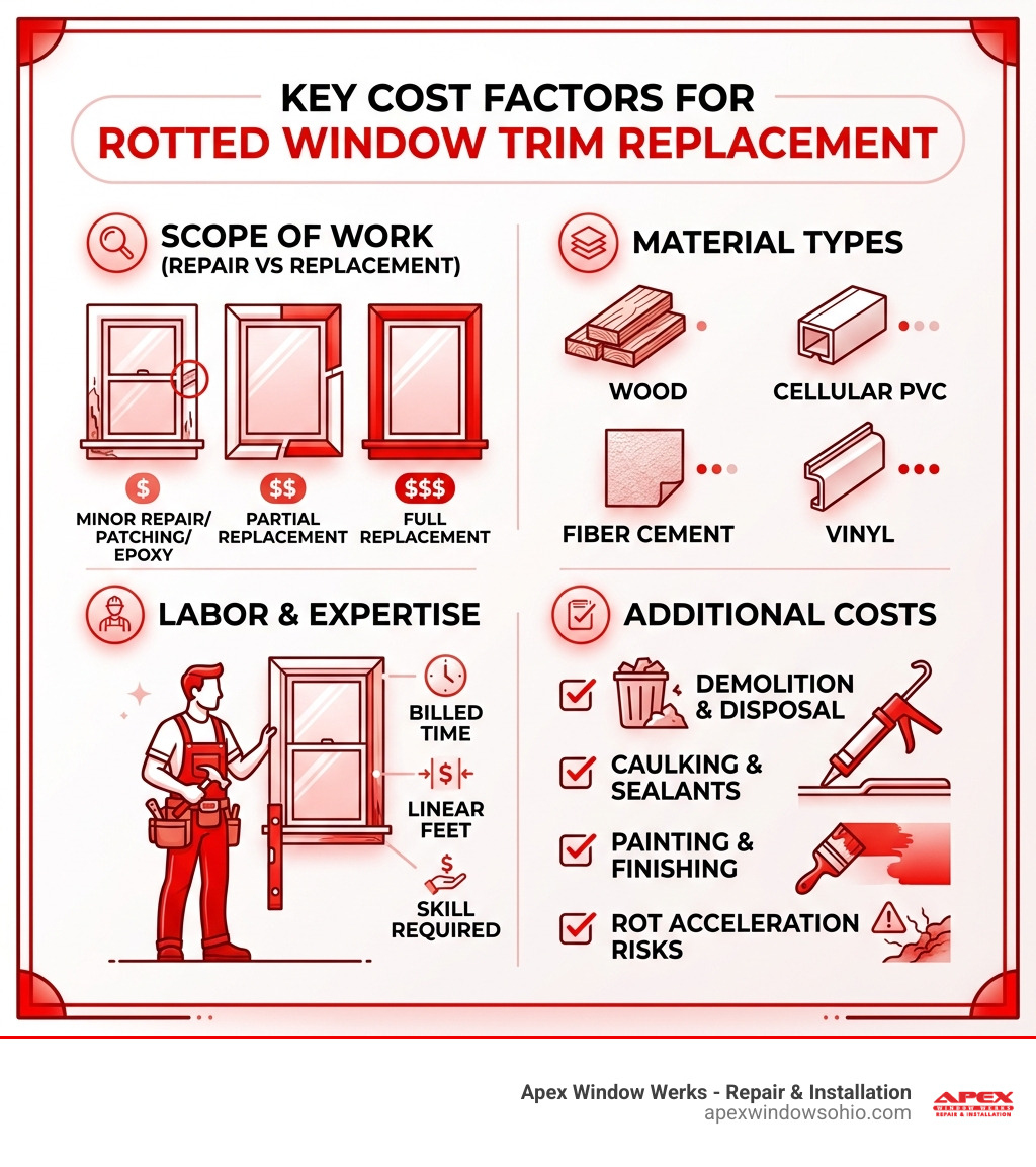 Infographic showing key cost factors for rotted window trim replacement: repair vs full replacement, material types, labor