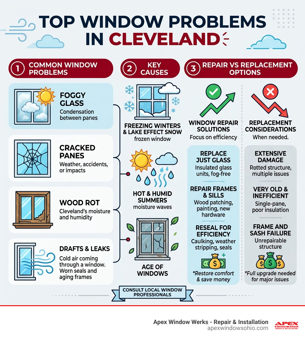Infographic showing top window problems in Cleveland, causes, and repair vs replacement options - window repair Cleveland Infographic showing top window problems in Cleveland, causes, and repair vs replacement options - window repair Cleveland