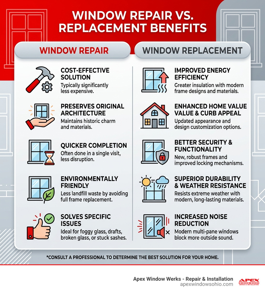 Infographic comparing window repair vs replacement benefits - window repair Cleveland infographic Infographic comparing window repair vs replacement benefits - window repair Cleveland infographic