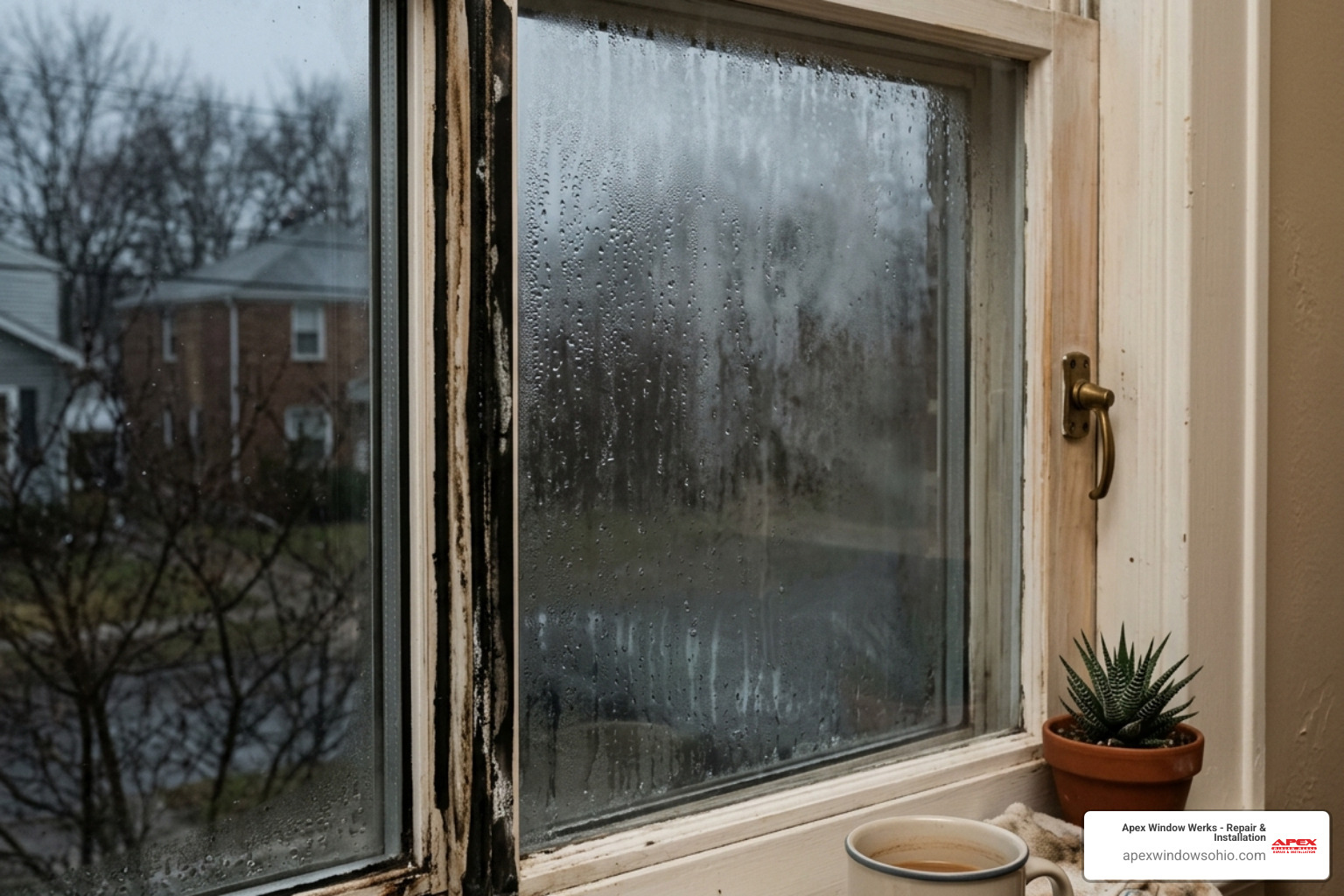 A foggy double-pane window showing seal failure in a Cleveland home - get window fixed A foggy double-pane window showing seal failure in a Cleveland home - get window fixed
