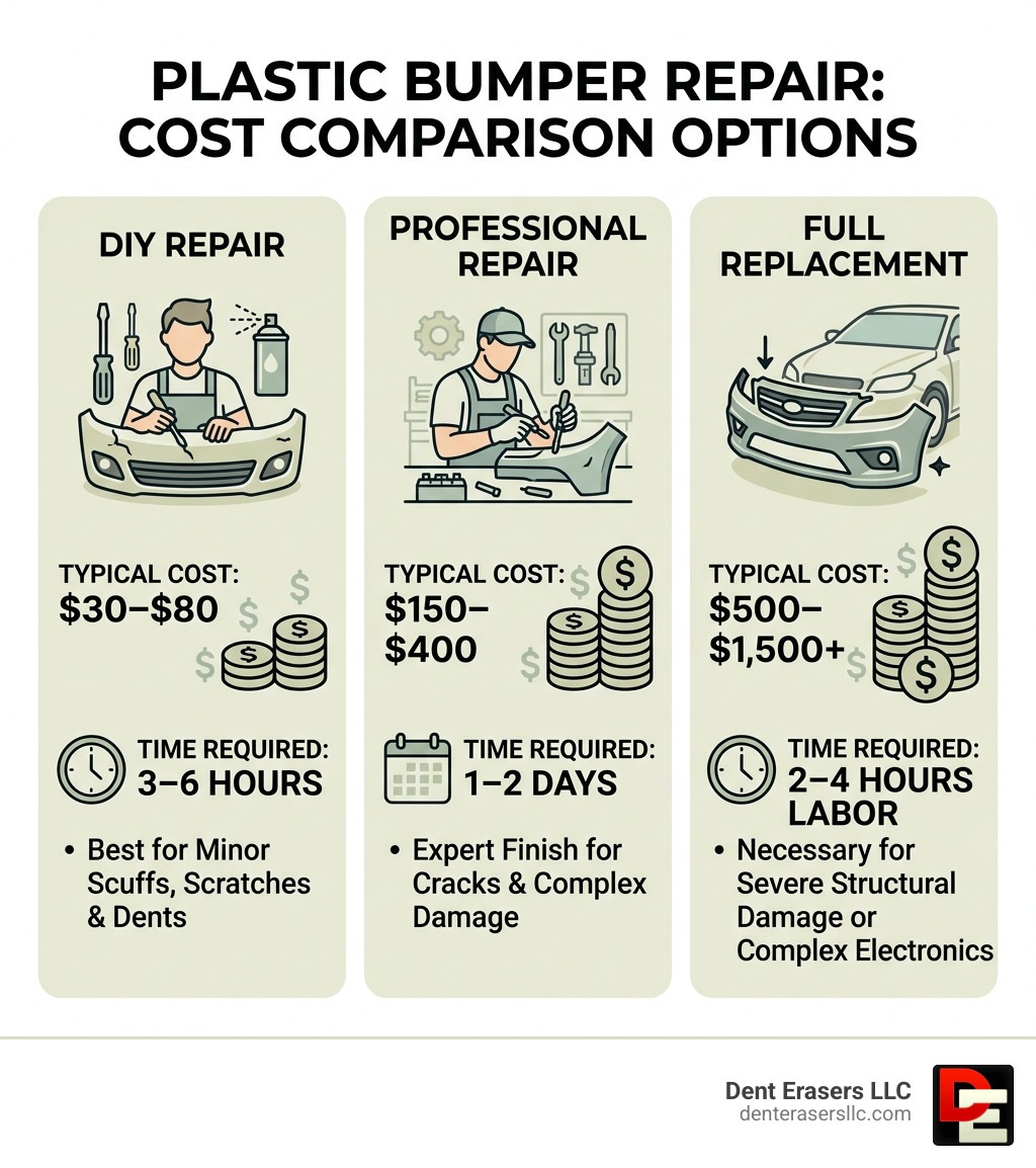 DIY vs professional repair vs full bumper replacement cost comparison infographic - fix plastic bumper infographic Diy Vs Professional Repair Vs Full Bumper Replacement Cost Comparison Infographic - Fix Plastic Bumper Infographic