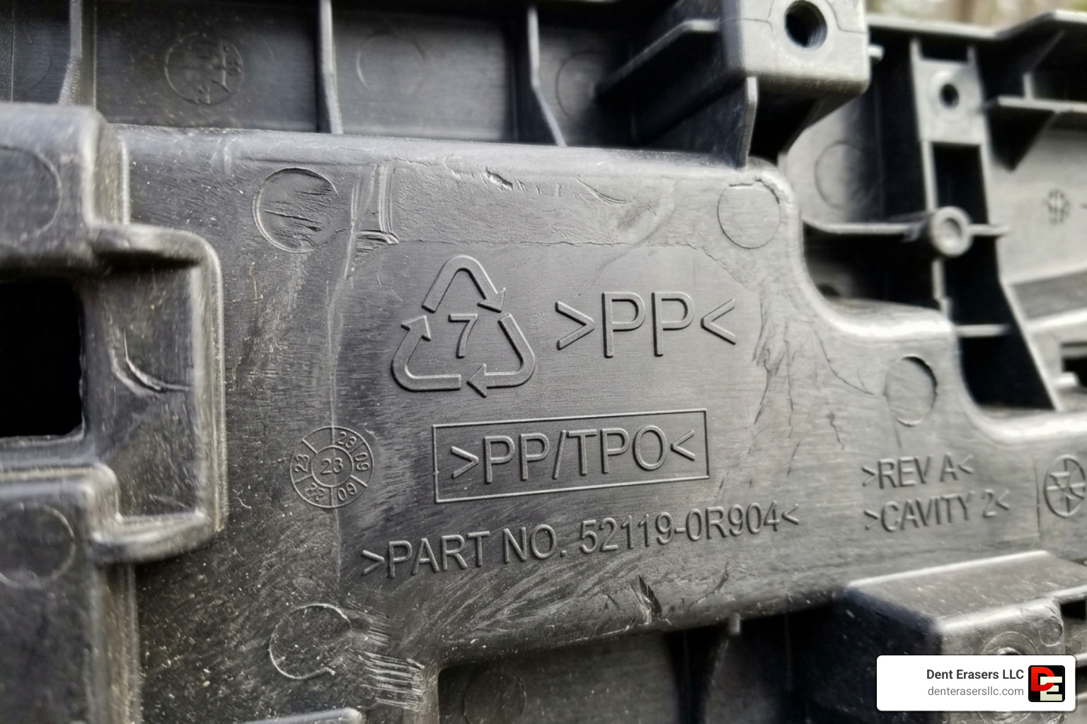 image of plastic recycling codes stamped on the back of a bumper cover - fix plastic bumper Image Of Plastic Recycling Codes Stamped On The Back Of A Bumper Cover - Fix Plastic Bumper