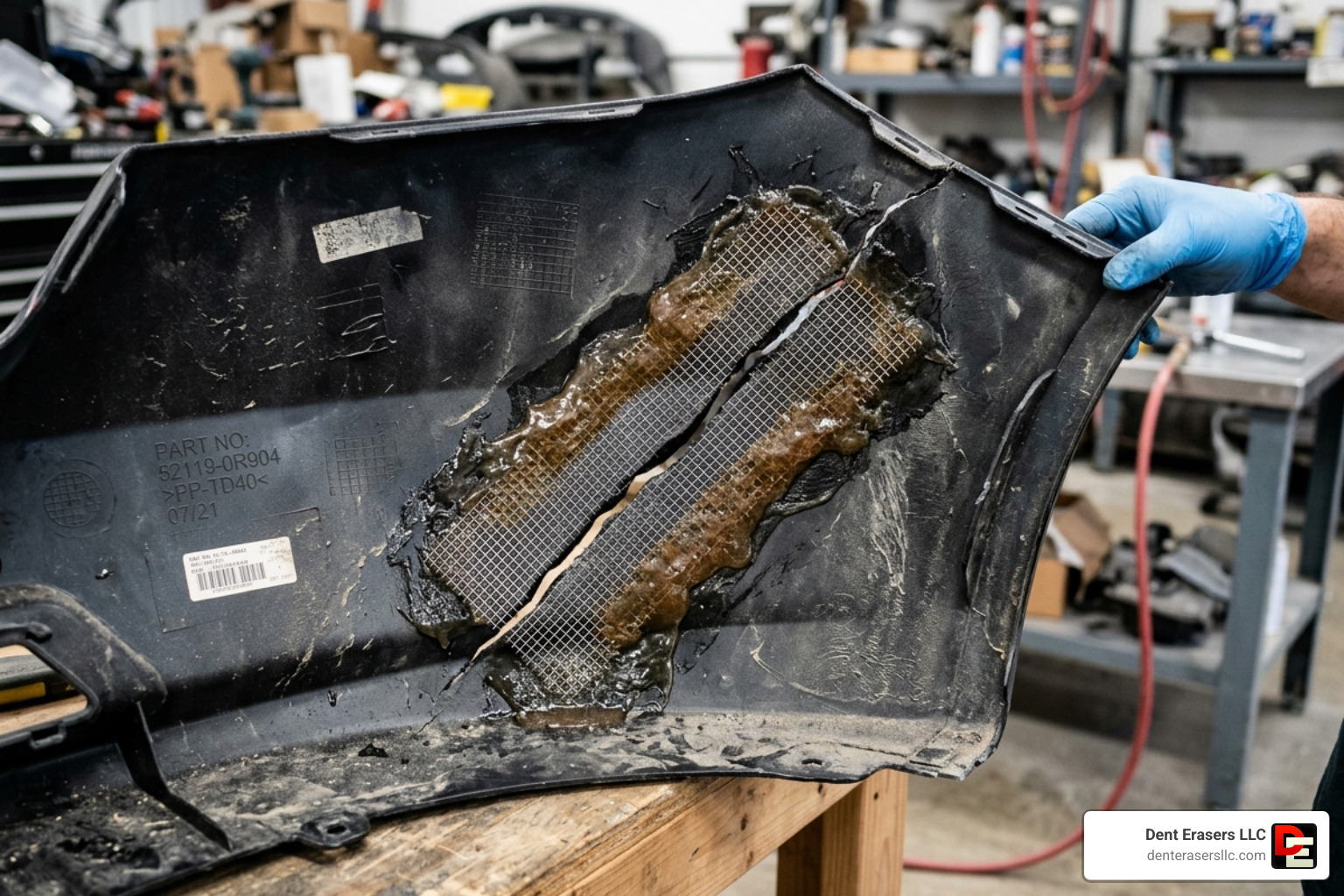 image of a reinforced crack repair from the backside - fix plastic bumper Image Of A Reinforced Crack Repair From The Backside - Fix Plastic Bumper