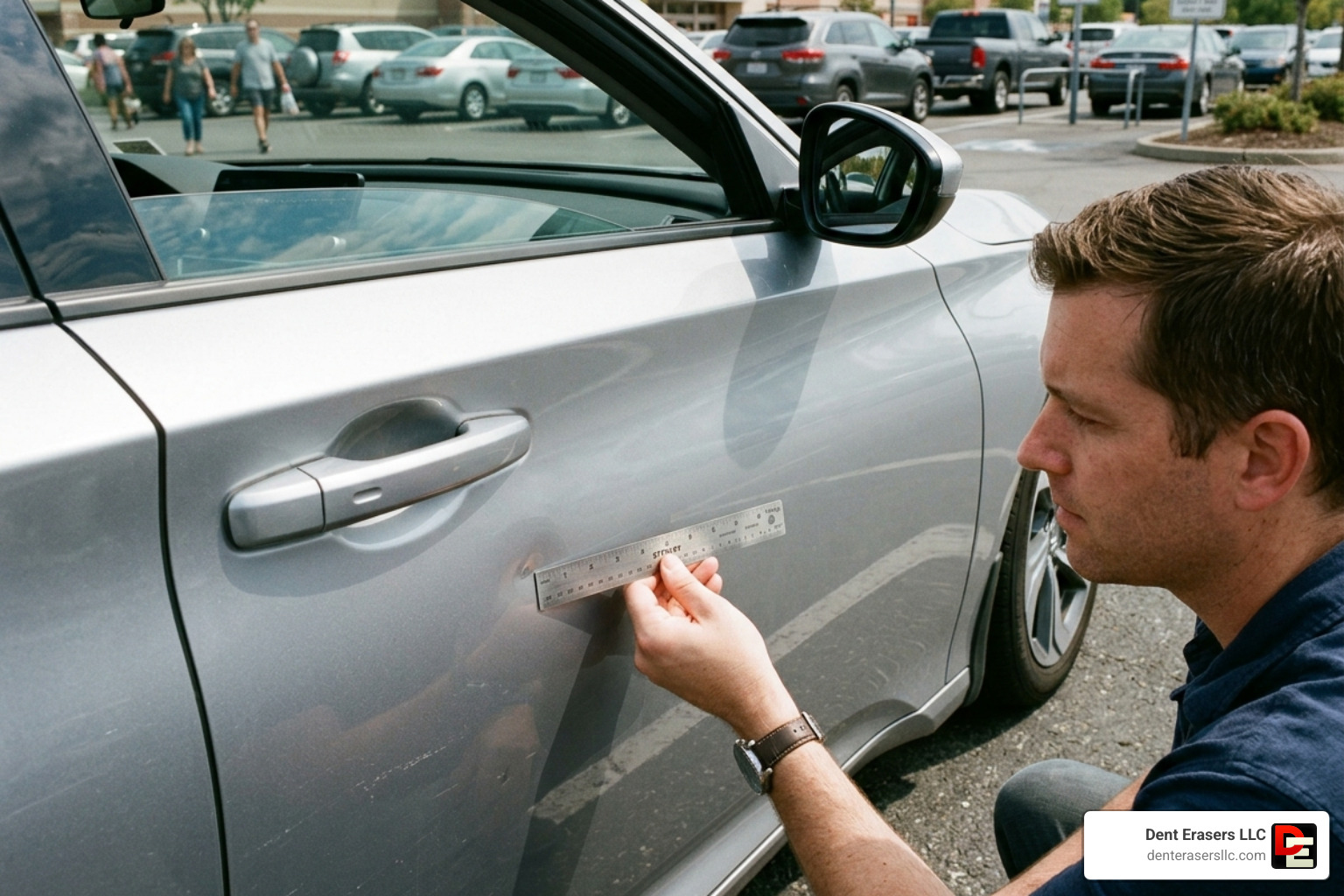 Car owner measuring a small door ding with a ruler - remove tiny dents from car Car Owner Measuring A Small Door Ding With A Ruler - Remove Tiny Dents From Car