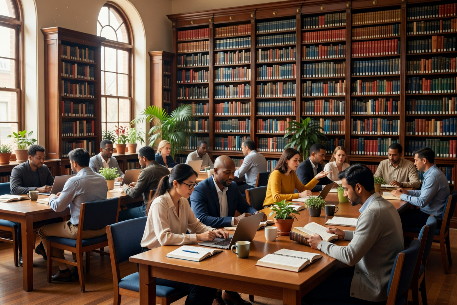 A classic Bloomsbury study interior with floor-to-ceiling bookshelves and a large wooden desk - best London neighborhoods