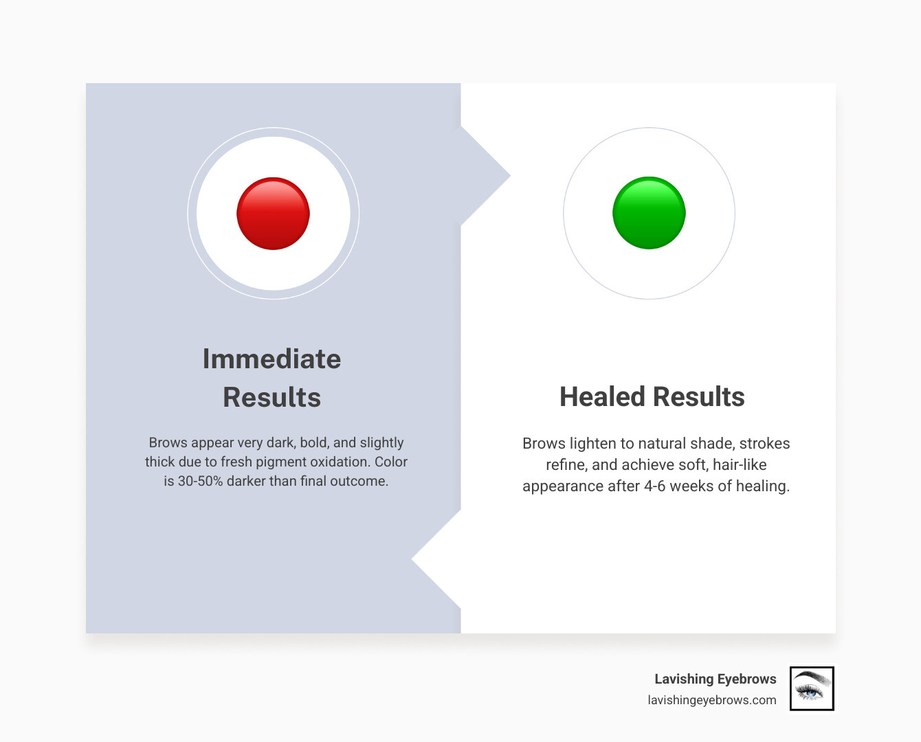 Infographic showing the 30-day healing stages of microblading from dark and bold to light and patchy to final healed result