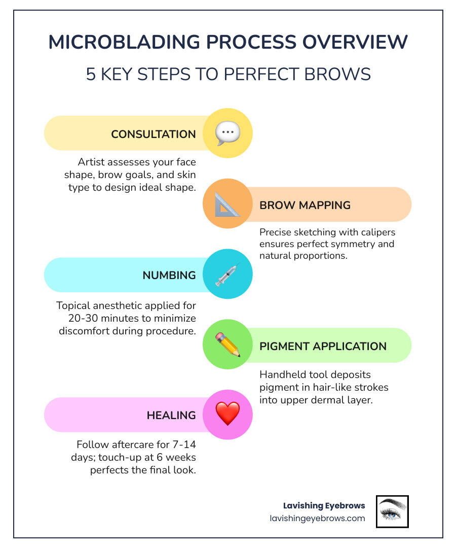 Microblading process overview infographic showing steps consultation brow mapping numbing pigment application healing