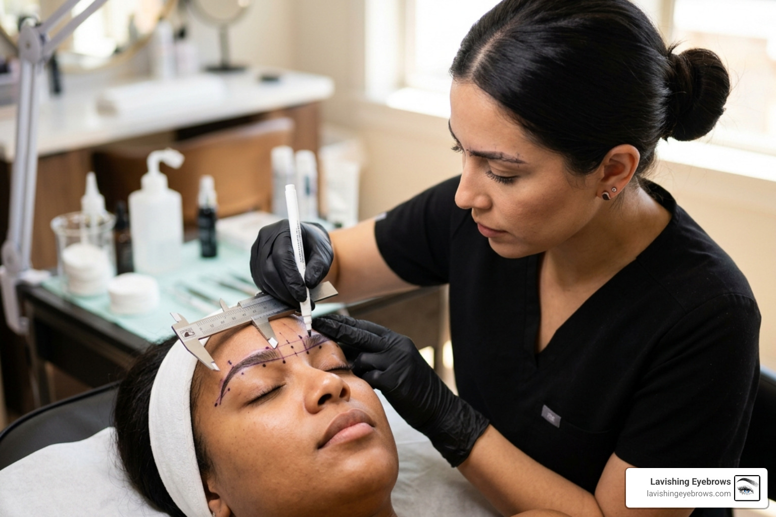 Brow mapping and symmetry demonstration showing golden ratio measurements on a client's face - microblading riverside ca