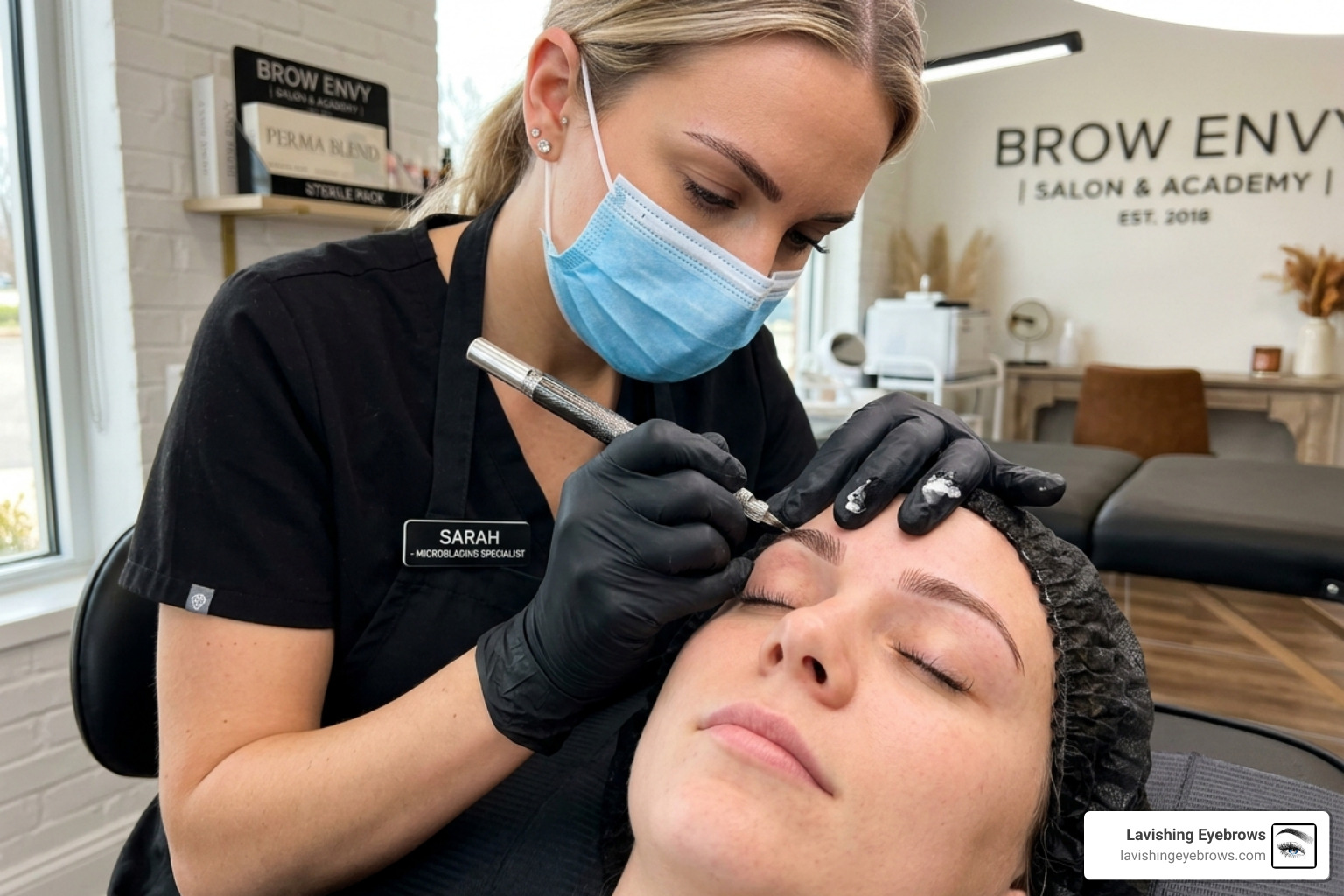 Professional microblading artist wearing PPE carefully applying pigment strokes to a client's brow - microblading riverside