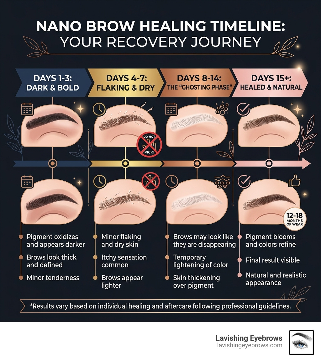 Nano brow healing timeline showing day-by-day progress from dark to flaking to healed - nano brow tattoo infographic 