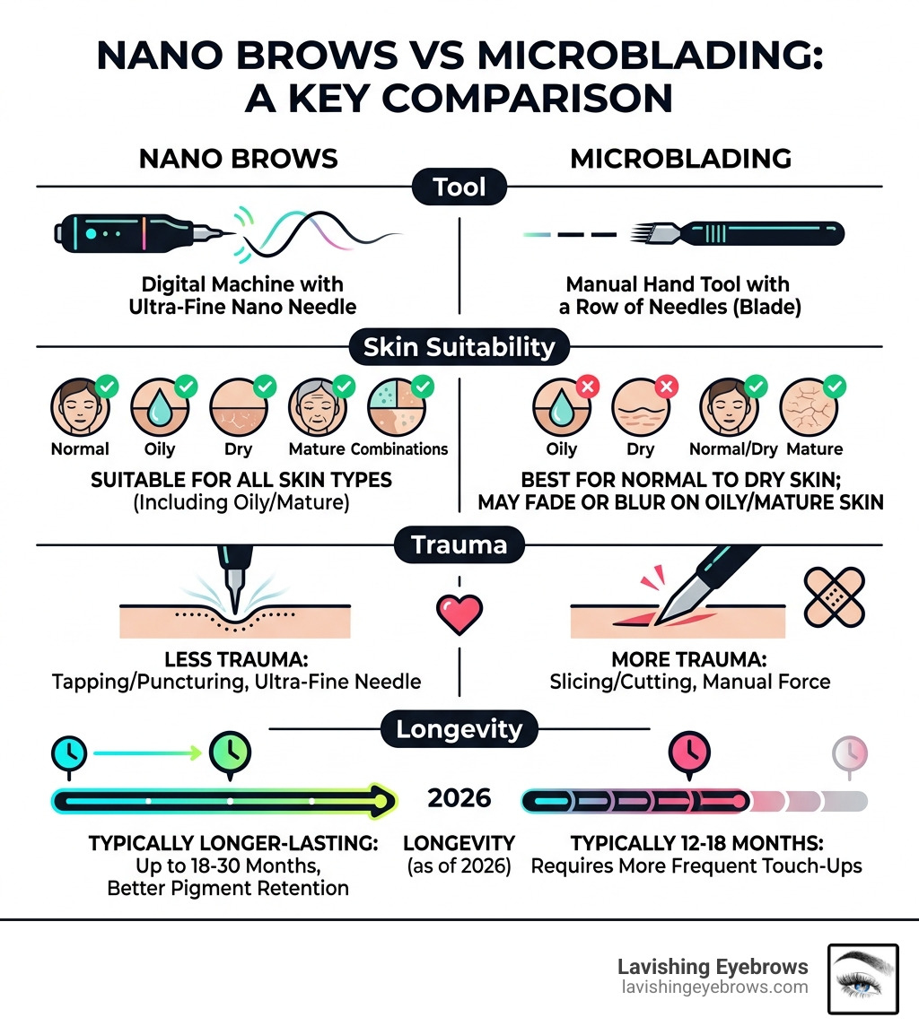 Comparison table: Nano Brows vs Microblading - Tool, Skin Suitability, Trauma, and Longevity - nano brow tattoo infographic 