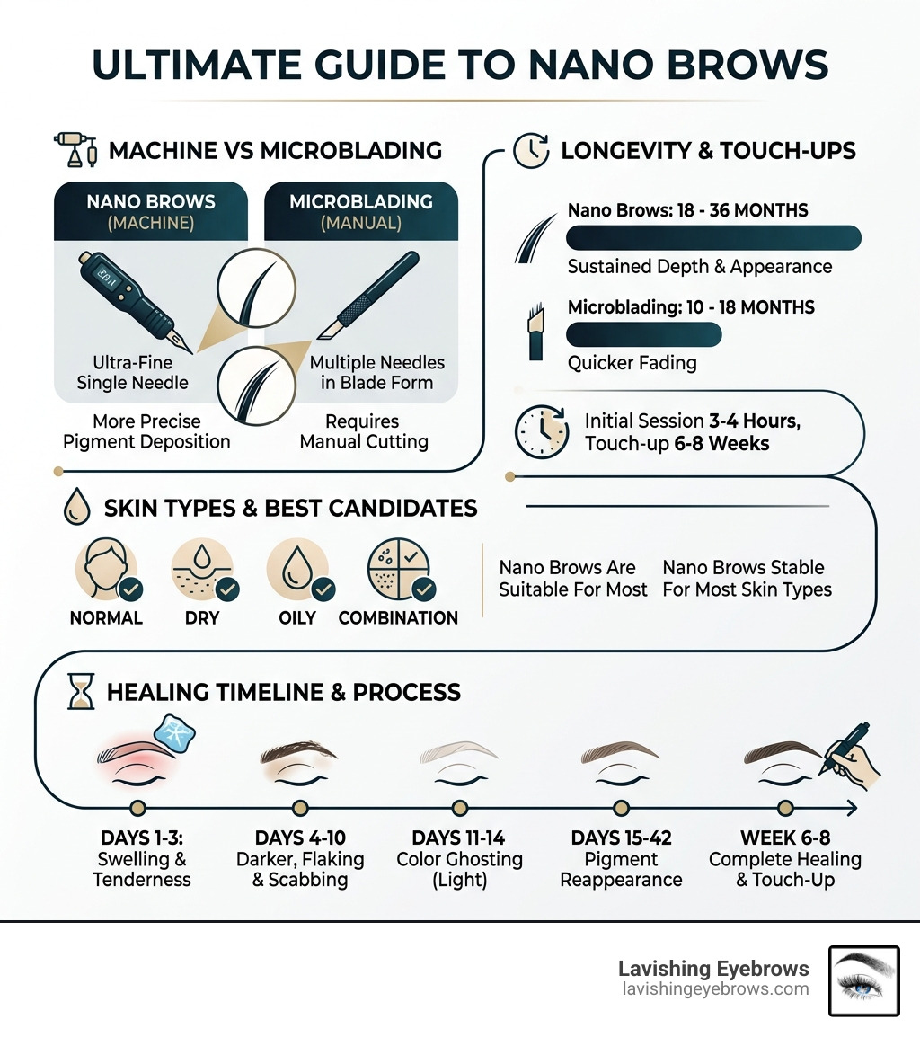 Infographic explaining nano brow tattoo concept: machine vs microblading, longevity, skin types, healing timeline - nano