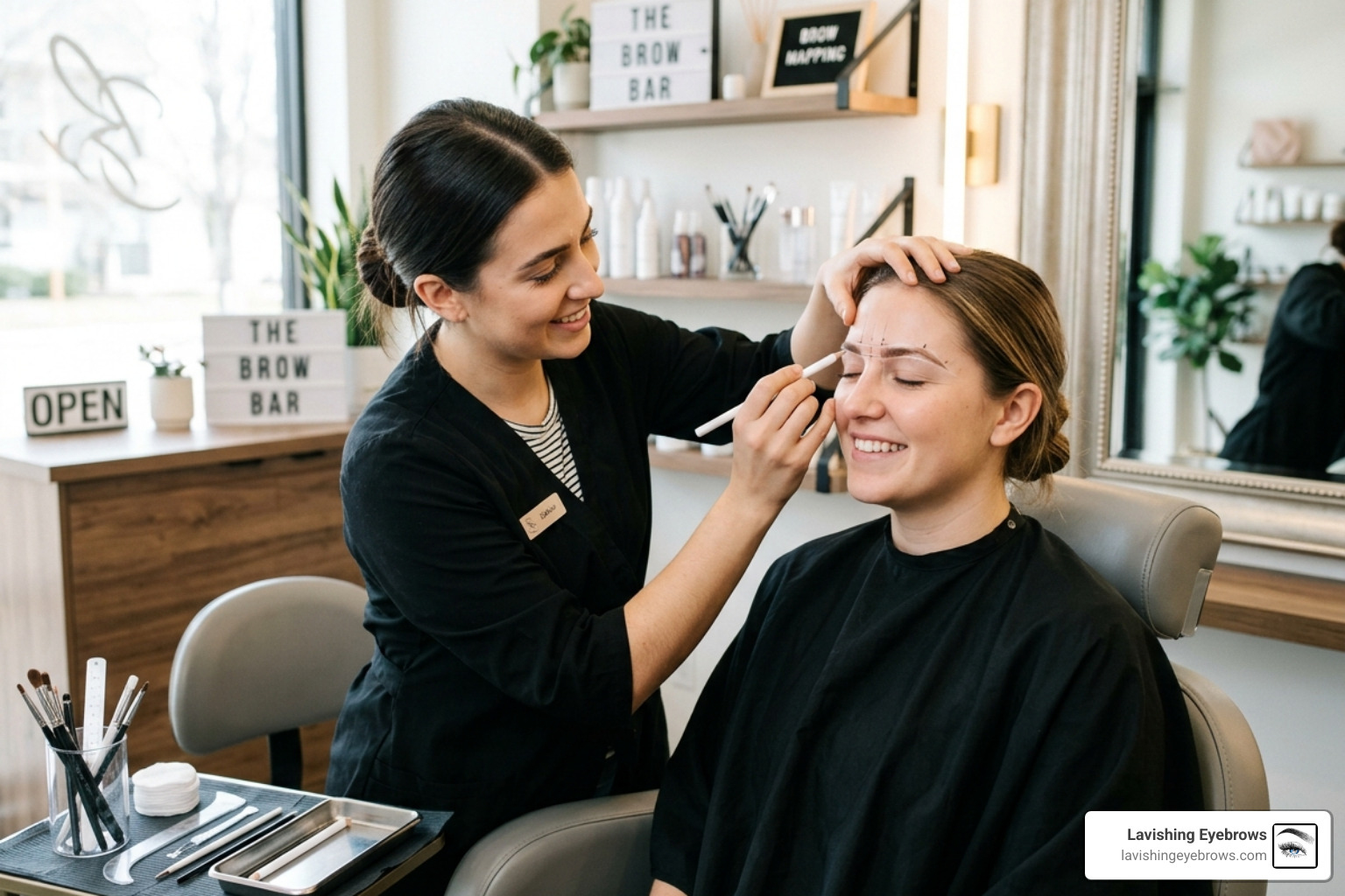 professional brow consultation with artist mapping brows - good vs bad microblading