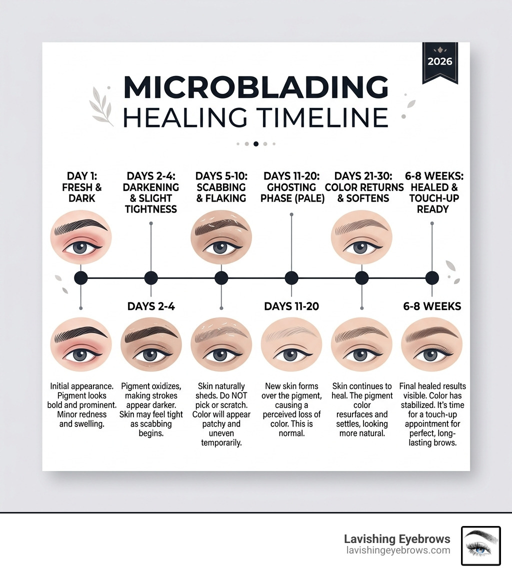 microblading healing timeline infographic showing stages from day 1 to 8 weeks in 2026 - good vs bad microblading