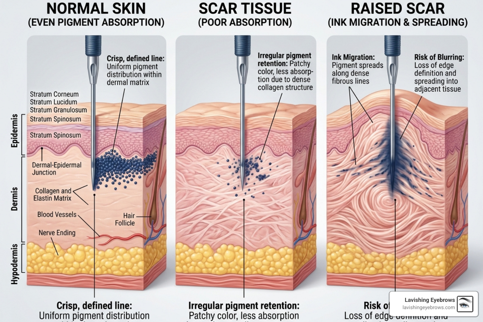pigment absorption on different skin textures showing ink migration risks - Microblading for scars