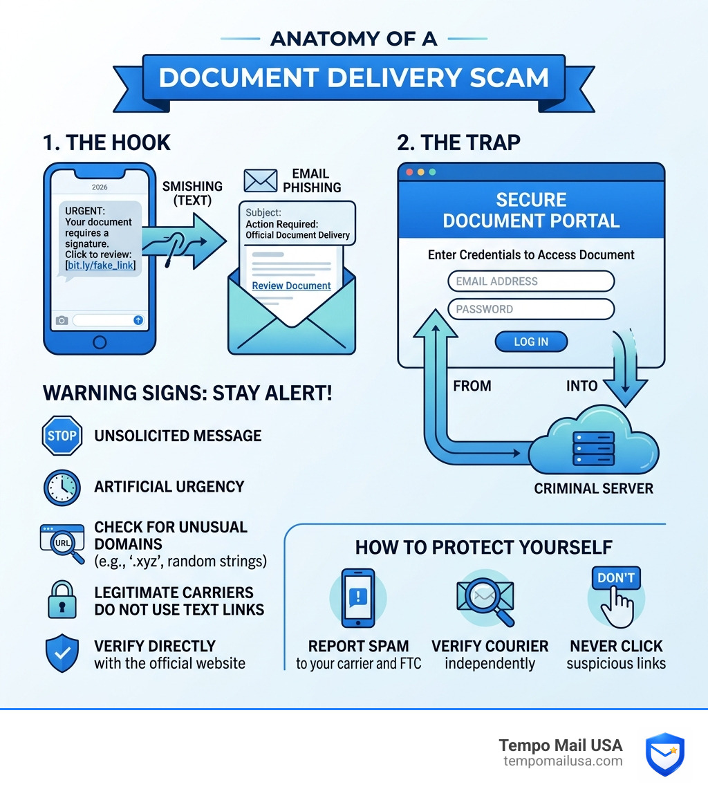 Anatomy of a document delivery scam infographic showing smishing email phishing fake portals and warning signs - Document Anatomy of a document delivery scam infographic showing smishing email phishing fake portals and warning signs - Document