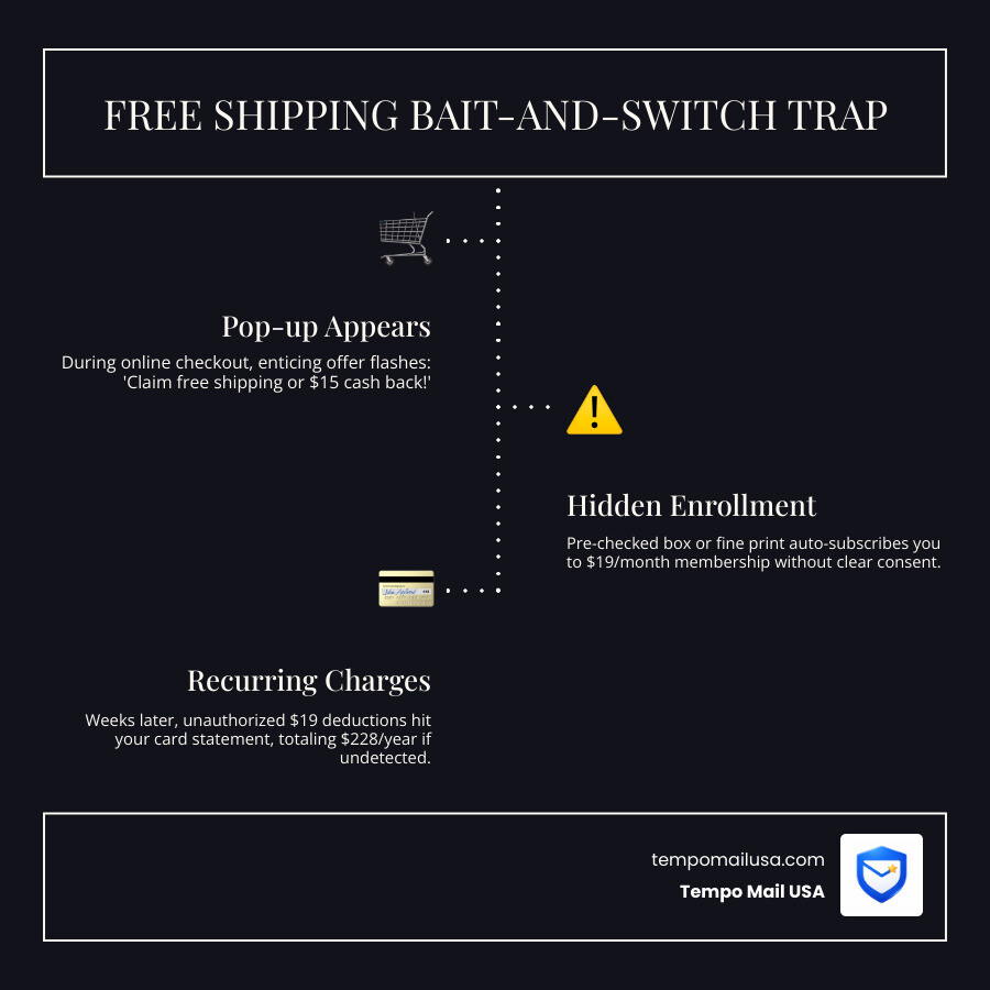 Infographic showing the Free Shipping bait-and-switch mechanism from pop-up to hidden subscription charge - Is Shipments Infographic showing the Free Shipping bait-and-switch mechanism from pop-up to hidden subscription charge - Is Shipments
