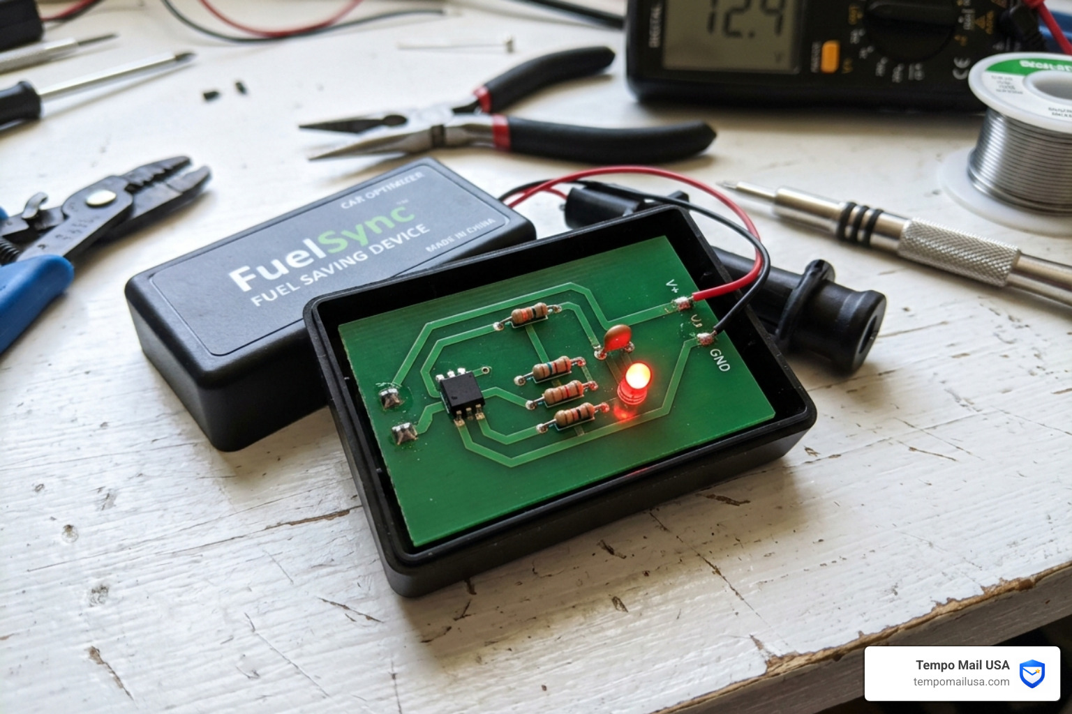 Internal teardown of a FuelSync-style device showing empty circuits and a single LED light - FuelSync Scam Warning Signs and